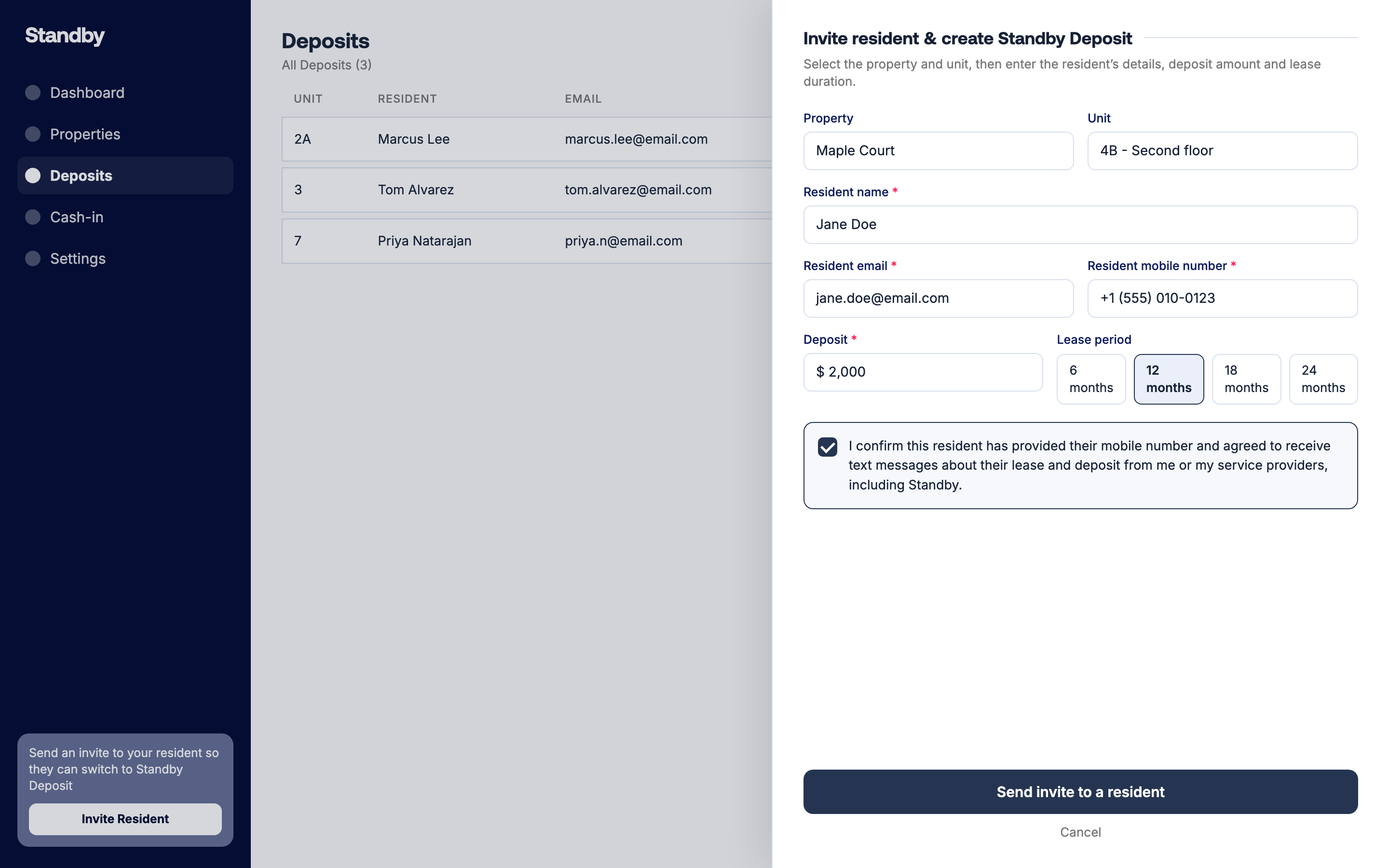 The manual invitation screen in the Standby dashboard, with the attestation checkbox the property manager must tick before an invitation can be sent