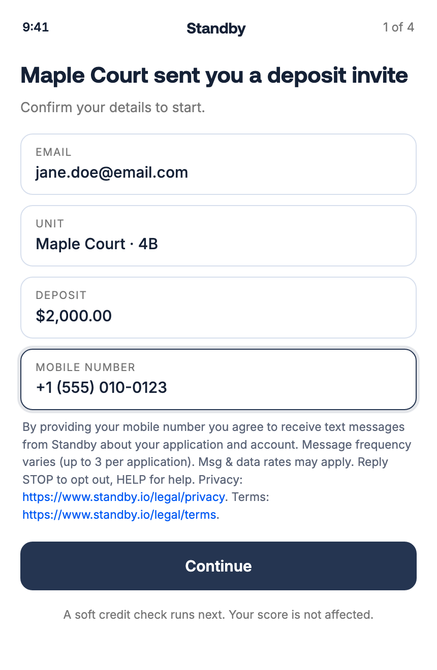 The resident application screen, with the SMS disclosure shown directly beneath the mobile number field
